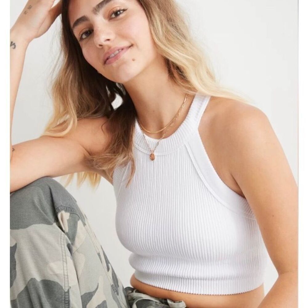 Aerie superchill seamless high neck bra top white ribbed tank XS